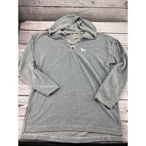 PINK Victoria's Secret Hoodie Large‎ Gray Lace Up Dog Logo Marled Knit Sweater